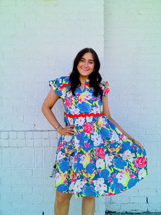 Blue Floral Dress with Ric Rac Trim- church dress,clothing,Curvy,dresses & rompers,Easter,Easter dress,floral,floral dress,floral pattern,floral print,florals,PLUS,Ric rac,SPRING,Spring dress-Ace of Grace Women's Boutique