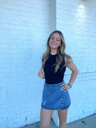 Denim Wrap Mini Skirt- BLUE DENIM,Bottoms,denim,denim color,denim skirt,denim skort,LIGHT DENIM,Mini skirt,wrap skort-Ace of Grace Women's Boutique