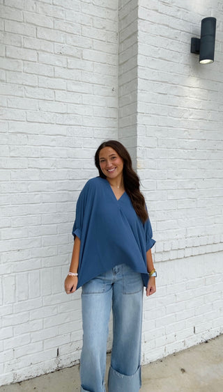 Blue V-neck Puff Sleeve Top- blue, blue top, clothing, Curvy, FALL, fall clothes, fall transition, loose fit, Perfect for work, PUFF, PUFF SLEEVE, puff sleeves, Tops, work, WORK SHIRT, WORK TOP-Ace of Grace Women's Boutique