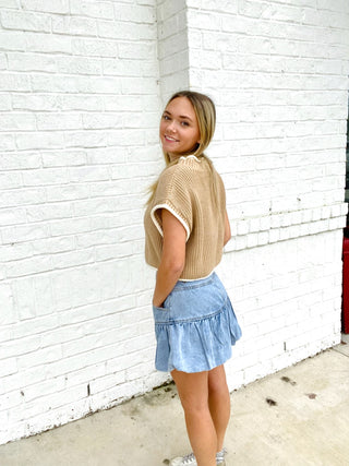 Bubble Hem Denim Skirt- BLUE DENIM, Bottoms, clothing, denim, denim color, denim shorts, denim skirt, denim skort, fall skirt, LIGHT DENIM, LIGHT DENIM SHORTS, Mini skirt, ruffle skort, ruffled skirt, skirt-Ace of Grace Women's Boutique