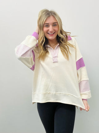 Color Block Collared Loose Fit Top- black pullover, clothing, color block, COLOR BLOCKING, pink pullover, pullover, TERRY CLOTH, Tops-Ace of Grace Women's Boutique
