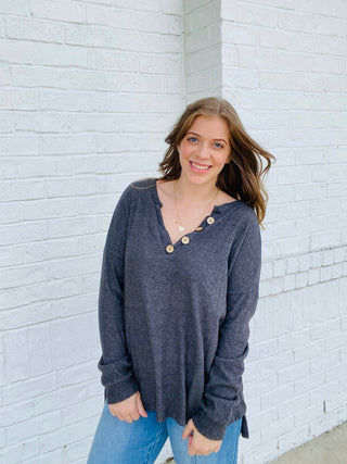 Charcoal Ribbed Button Henley Top- Curvy,FALL,fall clothes,fall transition,Henley,ribbed,Tops-Ace of Grace Women's Boutique