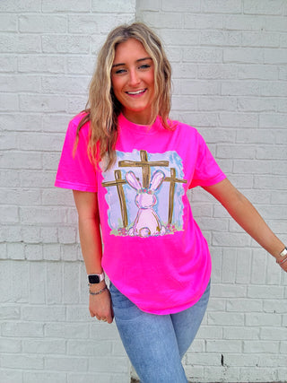 Neon Pink Easter Bunny Cross Tee- clothing,COMFORT COLOR,Curvy,Easter,EASTER GRAPHIC TEE,Graphic Tees,HOT PINK TEE,Seasonal,TEE,tee shirt,Tops-Ace of Grace Women's Boutique
