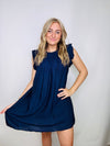 Midnight Blue Ruffle Sleeve Dress- blue dress, church dress, dress, flowy dress, tiered dress-Ace of Grace Women's Boutique