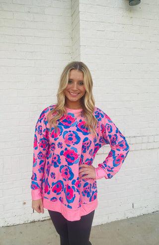 Pink and Blue Animal Print Top- curv,Curvy,LEOPARD,leopard graphic tee,LEOPARD PRINT,leopard sweater,leopard top,Tops-Ace of Grace Women's Boutique