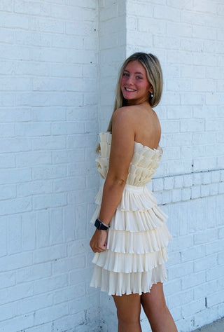 Cream Layered Pleated Ruffle Mini Dress- Bachelorette, BRIDE DRESS, church dress, cream dress, dress, dresses & rompers, Dressy, flowy dress, game day dress, GRADUATION, GRADUATION DRESS, layered dress, mini dress, Pref dress, recruitment, ruched dress, RUFFLED DRESS, RUSH, Sale, tiered dress, wedding, WHITE GRADUATION DRESS-Ace of Grace Women's Boutique