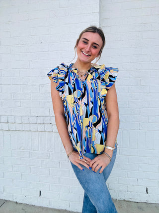 Black & Blue Patterned Ruffle Sleeve Top- blue tank, clothing, front tie, ruffle sleeves, summer tank, tank, Tops-Ace of Grace Women's Boutique