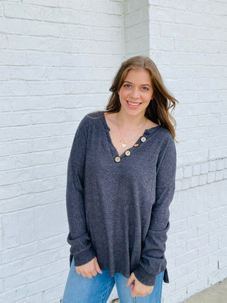 Charcoal Ribbed Button Henley Top- Curvy,FALL,fall clothes,fall transition,Henley,ribbed,Tops-Ace of Grace Women's Boutique