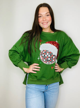 Green Disco Santa Hat Pullover - size small left (oversized)- accessories,CHRISTMAS,Christmas Longsleeve,CHRISTMAS SHIRT,christmas sweatshirt,clothing,outerwear,Seasonal,Tops-Ace of Grace Women's Boutique
