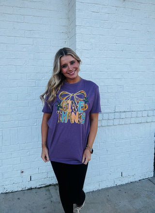 Plum Give Thanks Graphic Tee- clothing,graphic,graphic T-shirt,GRAPHIC TEE,Graphic Tees,graphic tshirt,Seasonal,thanksgiving,thanksgiving shirt,Tops-Ace of Grace Women's Boutique