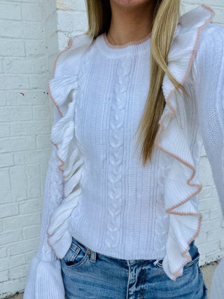 Cable Knit Ruffle Sweater- bow sweater,clothing,cream sweater,fuzzy sweater,knit sweater,LIGHT PINK,pink,pink sweater,pink top,RUFFLE SWEATER,RUFFLE TOP,ruffled,RUFFLED SWEATER,RUFFLES,Sale,Seasonal,SWEATER,sweater top,sweaters,Tops,white sweater-Ace of Grace Women's Boutique