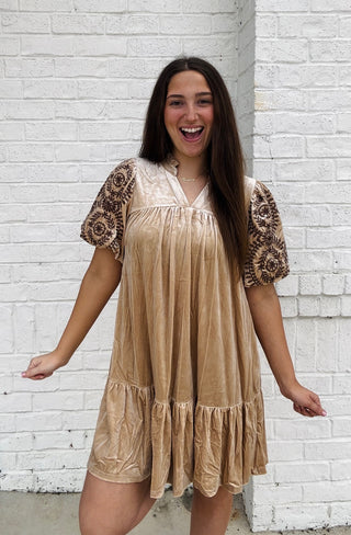 Taupe Velvet Dress- BEIGE DRESS, church dress, clothing, cream dress, dress, dresses & rompers, Dressy, flowy dress, LACE DRESS, Midi Dress, mini dress, Party dress, Tops, velvet, VELVET DRESS-Ace of Grace Women's Boutique