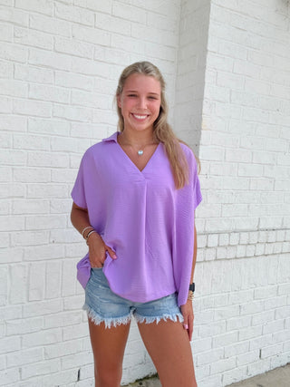 Collared V-Neck Top- COLORFUL,COLORFUL TOP,Curvy,Perfect for work,PLUS,plus size,PLUS SIZE TOP,plus sizes,summer,summer shirt,SUMMER TOP,summer work top,Tops,work,WORK SHIRT,WORK TOP,WOVEN,WOVEN TOP-S/M-Lavender-Ace of Grace Women's Boutique