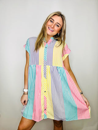 Lemon Colorful Striped Button Up Dress- BUTTON UP DRESS, clothing, dress, dresses & rompers, Easter, Gender reveal, Seasonal, SPRING, striped dress-Ace of Grace Women's Boutique