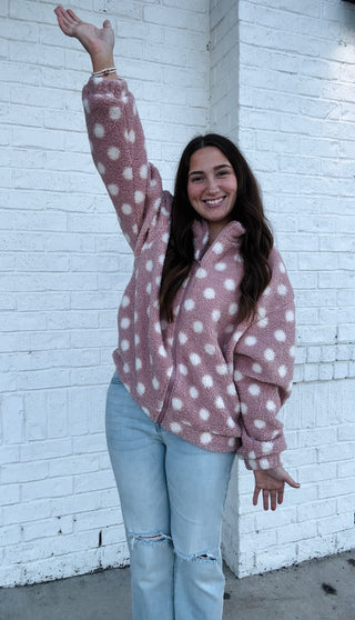 Pink Polka Dot Sherpa Jacket- Coat,CREAM JACKET,FUZZY JACKET,JACKET,outerwear,POLKA DOTS,puffer jacket,Sale,sherpa jacket,SOFT,Teddy,Tops-Ace of Grace Women's Boutique