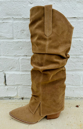 Brown Foldover Slit Boot- BOOTS, cowboy boots, cowgirl boots, Foldover, FOOTWEAR, gameday, Shoes, SIDE SLIT, suede boots, tall boots, tan boots, taupe boots-Ace of Grace Women's Boutique