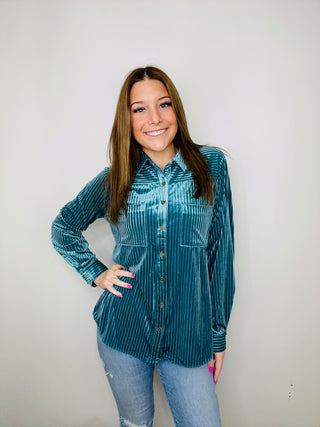Ribbed Velvet Button Up Long Sleeve- clothing, curvy, ribbed, RIBBED FABRIC, RIBBED TOP, Sale, Tops, velvet, velvet top-Ace of Grace Women's Boutique