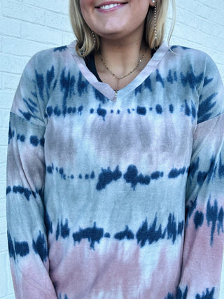 Olive Brushed Tie Dye V-Neck Top- Brushed,curv,Curvy,Hacci,PLUS,SOFT,TIE DYE,Tops-Ace of Grace Women's Boutique