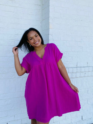 Hot Pink Gauze Dress- church dress,clothing,Curvy,dresses & rompers,Easter,Easter dress,HOT PINK,pink-Ace of Grace Women's Boutique