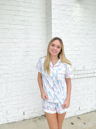 Fancy Blue Bows Pajama Set- BOW, Bow detail, BOWS, clothing, Fancy, floral, floral print, Floral set, florals, lounge, LOUNGE SET, Loungewear, Love shack fancy, pajama pants, pajama set, pajama shorts, pajama top, pajamas, ribbon, Ribbons, Sets-Ace of Grace Women's Boutique