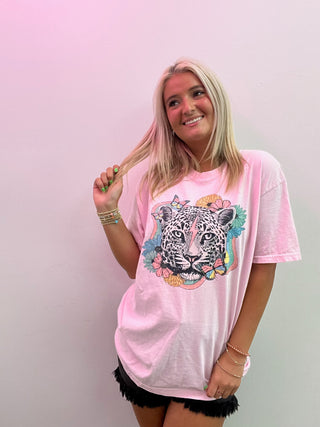 Pink Floral Leopard Graphic Tee- Curvy, graphic, LEOPARD, leopard graphic tee, LEOPARD PRINT, Tops-Ace of Grace Women's Boutique