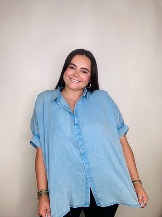 Washed Oversized Button Down Shirt- button down, button up, button up top, denim color, oversized, OVERSIZED TOP, Tops-Ace of Grace Women's Boutique