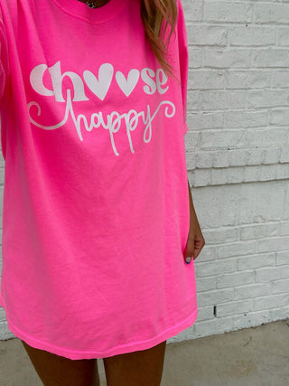 MADELYNN GRACE Choose Happy Tee- COLORFUL GRAPHIC TEE,Curvy,graphic,graphic T-shirt,GRAPHIC TEE,Graphic Tees,graphic tshirt,happy,HOT PINK GRAPHIC TEE,MadelynnGrace,plus size graphic tee,Tops-Ace of Grace Women's Boutique