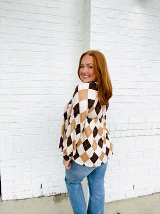 Long Sleeve Argyle Top- Argyle,brown top,clothing,Curvy,FALL,fall clothes,fall transition,LONG SLEEVE,long sleeve top,long sleeves,mama top,mocha top,mom top,Multi top,PLUS SIZE TOP,Sale,Tops-Ace of Grace Women's Boutique