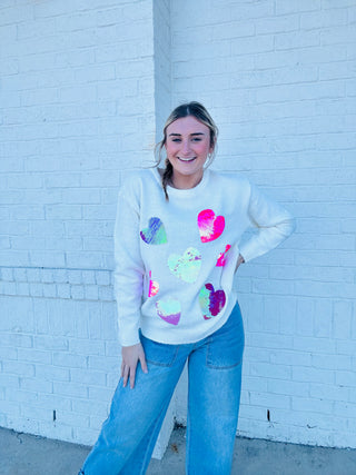 Multi Pink Heart Sequin Sweater- clothing, HEARTS, Sale, Seasonal, Tops, VALENTINE-Ace of Grace Women's Boutique