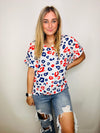 Red, White, & Blue Cheetah V Neck Top- casual, CHEETAH, CHEETAH PRINT, CHEETAH TOP, game, game day, Game day shirt, game days, gameday, work, WORK SHIRT, WORK TOP-Ace of Grace Women's Boutique