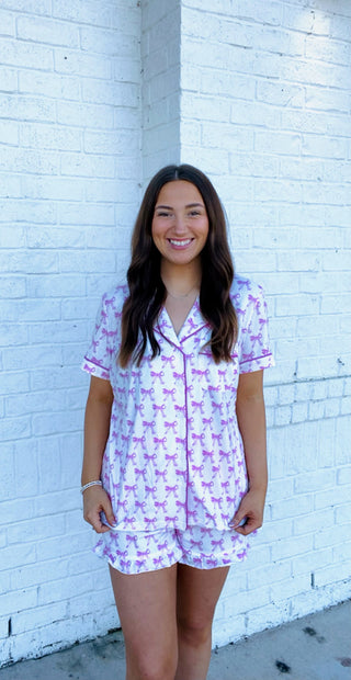 Pink And White Bow Pajama Set- BOWS, christmas pajamas, clothing, lounge, LOUNGE SET, Loungewear, LOVE, Love shack, Love shack fancy, Loveshack, pajama set, pajama shorts, pajama top, pajamas, ribbon, Ribbons, Roller, Roller rabbit, stoney clover-Ace of Grace Women's Boutique