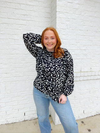 Dalmatian Top | 2 Colors- animal, ANIMAL PRINT, BLACK, clothing, CREAM, Curvy, Dalmation, DATE NIGHT, Perfect for work, Spotted, Tops, work, WORK SHIRT, WORK TOP-Ace of Grace Women's Boutique