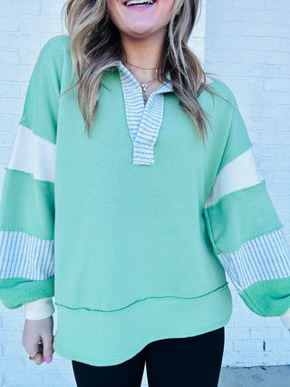 Collared V Neck Loose Fit Pullover- clothing, GREEN, loose fit, pink, pullover, SWEATSHIRTS, Tops-Ace of Grace Women's Boutique
