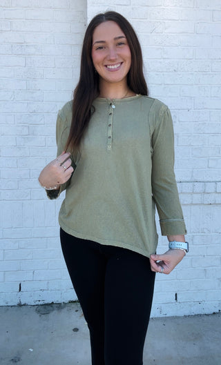 Light Olive Henley Top- clothing, FALL, fall clothes, fall transition, Henley, olive, olive top, Tops-Ace of Grace Women's Boutique