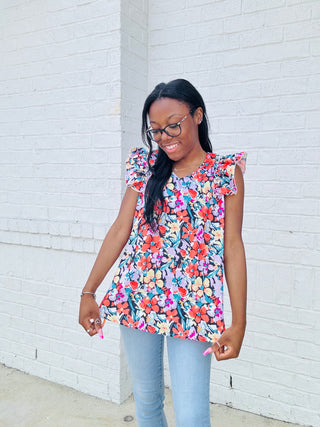 Ruffle Sleeve Floral V Neck Tank- Curvy, floral, floral print, FLORAL TOP, florals, NEW, ruffle sleeves, Sale, summer tank, tank, tank top, Tops-Ace of Grace Women's Boutique