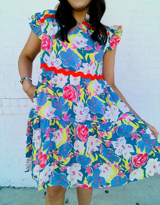 Blue Floral Dress with Ric Rac Trim- church dress,clothing,Curvy,dresses & rompers,Easter,Easter dress,floral,floral dress,floral pattern,floral print,florals,PLUS,Ric rac,SPRING,Spring dress-Ace of Grace Women's Boutique