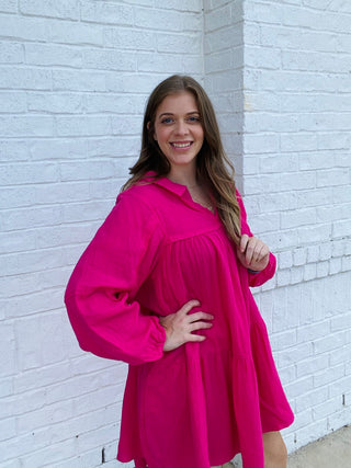 Hot Pink V-Neck Tiered Dress- clothing,dresses & rompers,Guaze,HOT PINK-Ace of Grace Women's Boutique