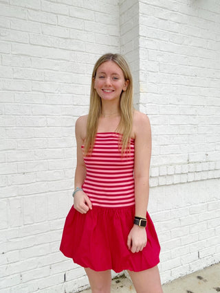 Strapless Striped Mini Dress- clothing, Dress, dresses & rompers, pink, pink striped, RED, red dress, Seasonal, Stripe, STRIPED, striped dress, stripes, VALENTINE, Valentine Collection, VALENTINES, VALENTINES DRESS-Ace of Grace Women's Boutique