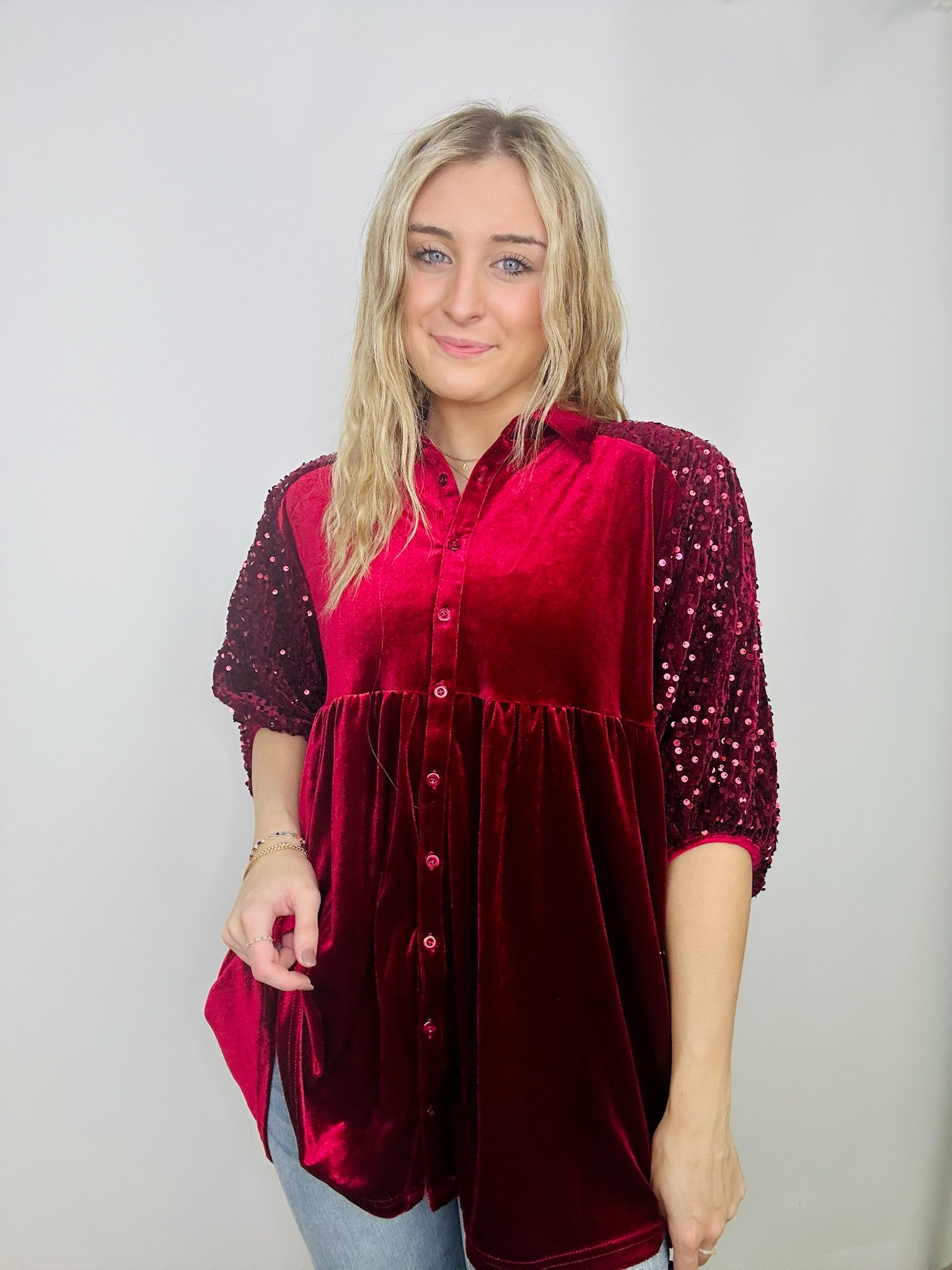 Velvet Sequin Button Up Shirt