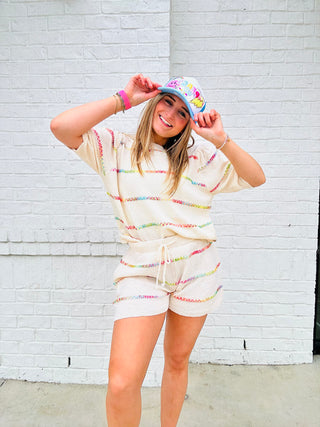 Cream Knit Rainbow Stitches Set- 2 piece set, Bottoms, clothing, cover up, CREAM SET, LOUNGE SET, Loungewear, Sets, summer set, SUMMER TOP, SWIMSUIT COVER UP, Tops-Ace of Grace Women's Boutique