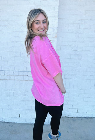 Hot Pink Classic Mineral Washed Tee- clothing, Curvy, LIGHT PINK, pink, pink top, Tops-Ace of Grace Women's Boutique