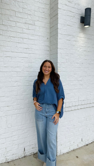 Blue V-neck Puff Sleeve Top- blue, blue top, clothing, Curvy, FALL, fall clothes, fall transition, loose fit, Perfect for work, PUFF, PUFF SLEEVE, puff sleeves, Tops, work, WORK SHIRT, WORK TOP-Ace of Grace Women's Boutique