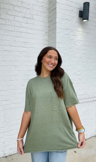 Olive Oversized Boyfriend Tee- Boyfriend, clothing, Curvy, FALL, fall clothes, fall transition, olive, olive top, oversized, OVERSIZED TEE, OVERSIZED TOP, PLUS, plus size, pocket shirt, pockets, Tops-Ace of Grace Women's Boutique