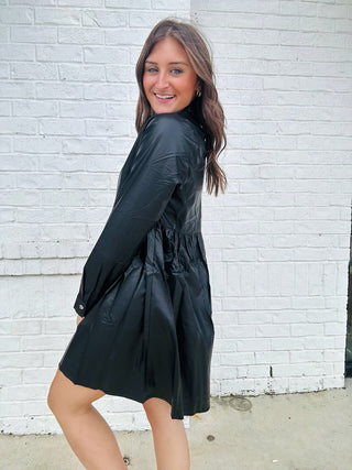 Black Leather Babydoll Dress- BLACK, black dress, black leather, church dress, Curvy, dresses & rompers, LEATHER, LEATHER DRESS, Pleather-Ace of Grace Women's Boutique