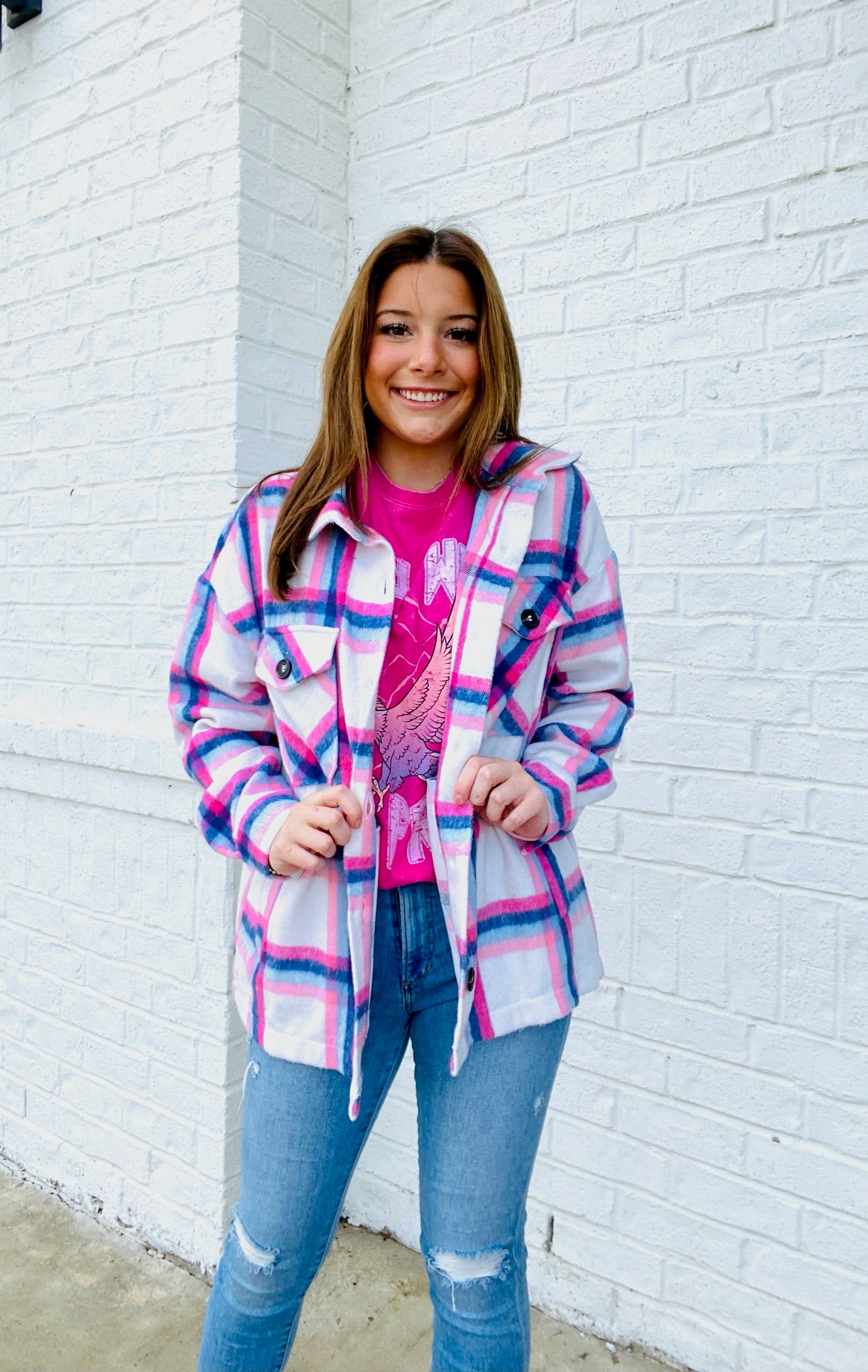 Cream And Pink Plaid Shacket