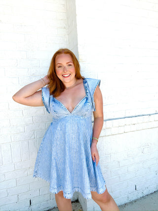 Ruffle Embellished Denim Dress- concert, country concert, DATE NIGHT, denim, denim color, DENIM DRESS, dresses & rompers, game, game day, game day dress, game days, gameday, LIGHT DENIM-Ace of Grace Women's Boutique