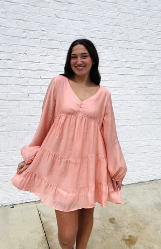 Soft Crinkled Long Sleeve Dress- BLUSH, church dress, clothing, colorful dress, dress, dresses & rompers, Dressy, dressy shorts, flowy dress, LONG SLEEVE, long sleeves, mini dress, pink dress, ruched dress, RUFFLED DRESS, SILK DRESS, WOMENS DRESS-Ace of Grace Women's Boutique