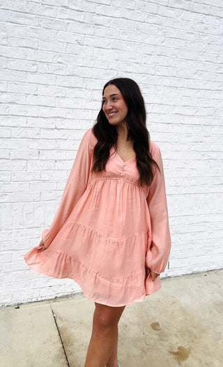 Soft Crinkled Long Sleeve Dress- BLUSH, church dress, clothing, colorful dress, dress, dresses & rompers, Dressy, dressy shorts, flowy dress, LONG SLEEVE, long sleeves, mini dress, pink dress, ruched dress, RUFFLED DRESS, SILK DRESS, WOMENS DRESS-Ace of Grace Women's Boutique