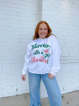 Merrier with a Martini Sweatshirt- christmas sweatshirt, clothing, comfy sweatshirt, Curvy, Martini, Merrier, merry, MERRY CHRISTMAS, MERRY CHRISTMAS Y’ALL, merry every thing, oversized sweatshirt, plus sweatshirt, Seasonal, sweatshirt, SWEATSHIRTS, Tops-Ace of Grace Women's Boutique