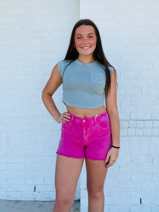 Colored Denim Denim Frayed Shorts- Bottoms, COLORFUL, denim, denim shorts, LIGHT DENIM SHORTS, PINK DENIM-Ace of Grace Women's Boutique